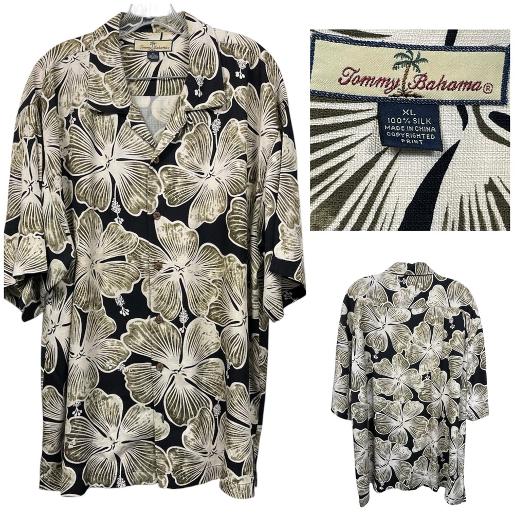 Vintage Men’s Tommy Bahama Shirt Hawaii 100% Silk Size XL Short Sleeve Black